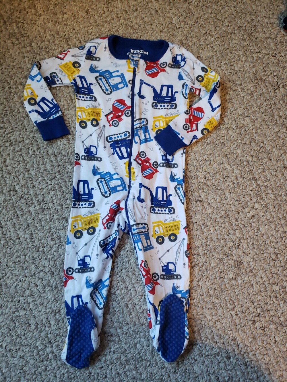 Bundles Baby Place Construction Print One-Piece Footed Pajamas - Blue/White 6/9M